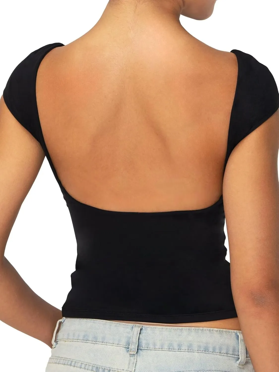 Sunzel Open Back Tops for Women Sexy Going Out Top Double Lined Backless Shirt Y2K Crop Basic Tee Shirts for Casual Workout