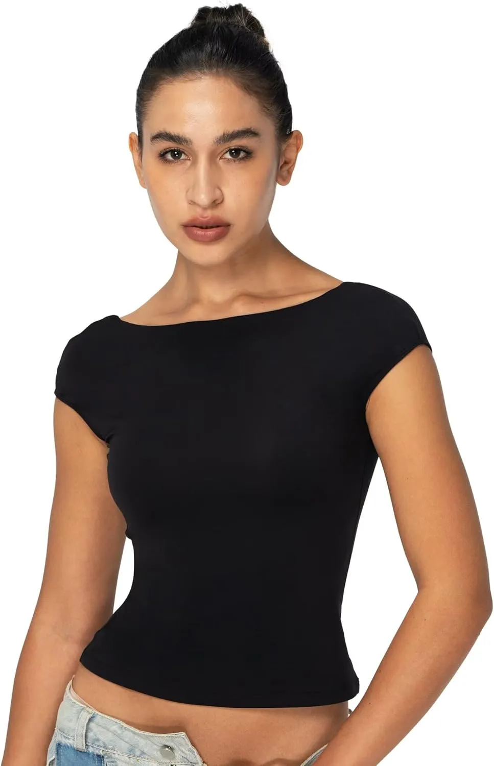 Sunzel Open Back Tops for Women Sexy Going Out Top Double Lined Backless Shirt Y2K Crop Basic Tee Shirts for Casual Workout