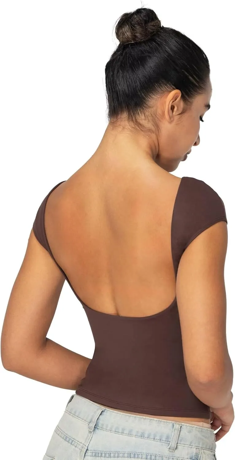 Sunzel Open Back Tops for Women Sexy Going Out Top Double Lined Backless Shirt Y2K Crop Basic Tee Shirts for Casual Workout