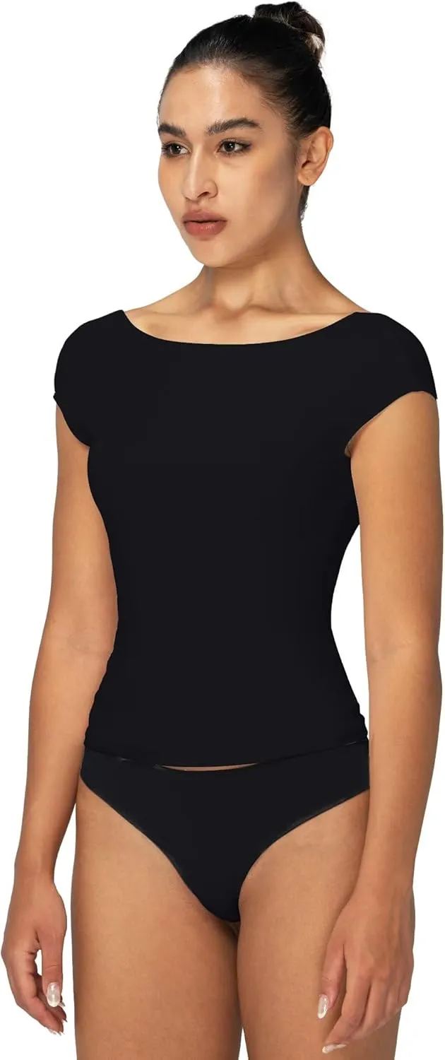 Sunzel Open Back Tops for Women Sexy Going Out Top Double Lined Backless Shirt Y2K Crop Basic Tee Shirts for Casual Workout