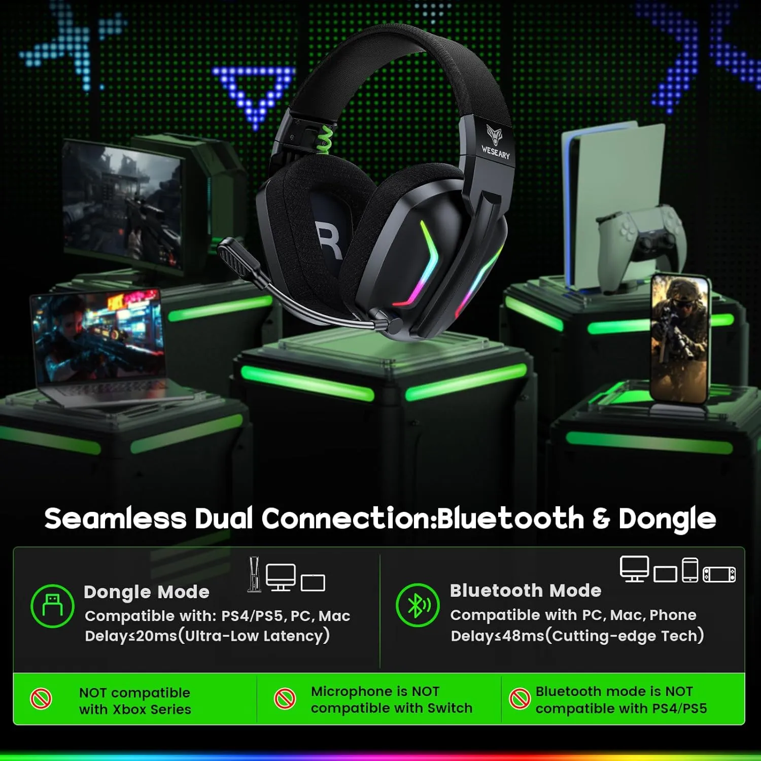 Wireless Gaming Headsets for PC, PS5, PS4, Switch, Mac, 2.4GHz Wireless Gaming Headphone with ENC Noise Canceling Microphone, Bluetooth 5.4, Cool Lighting, 50H Battery, 50mm Drivers