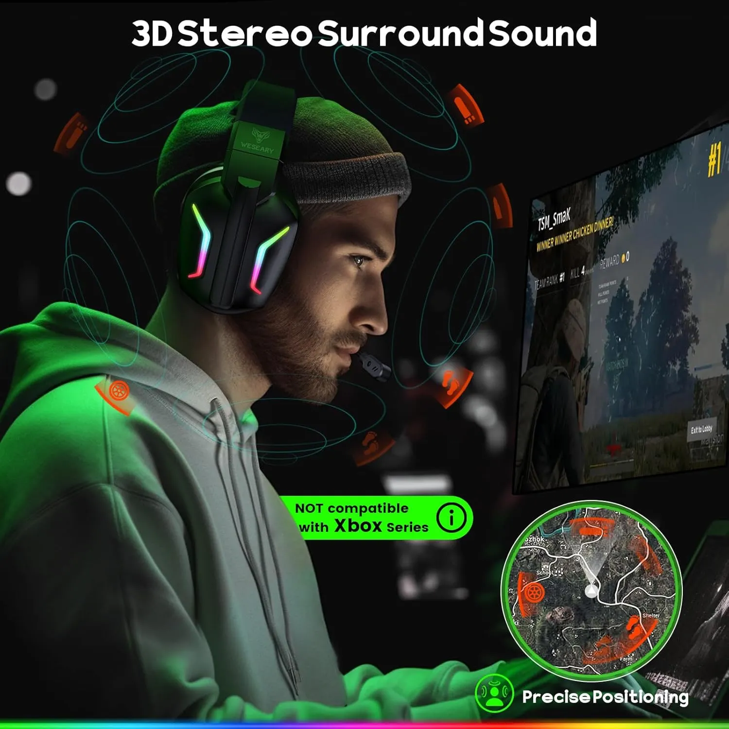 Wireless Gaming Headsets for PC, PS5, PS4, Switch, Mac, 2.4GHz Wireless Gaming Headphone with ENC Noise Canceling Microphone, Bluetooth 5.4, Cool Lighting, 50H Battery, 50mm Drivers