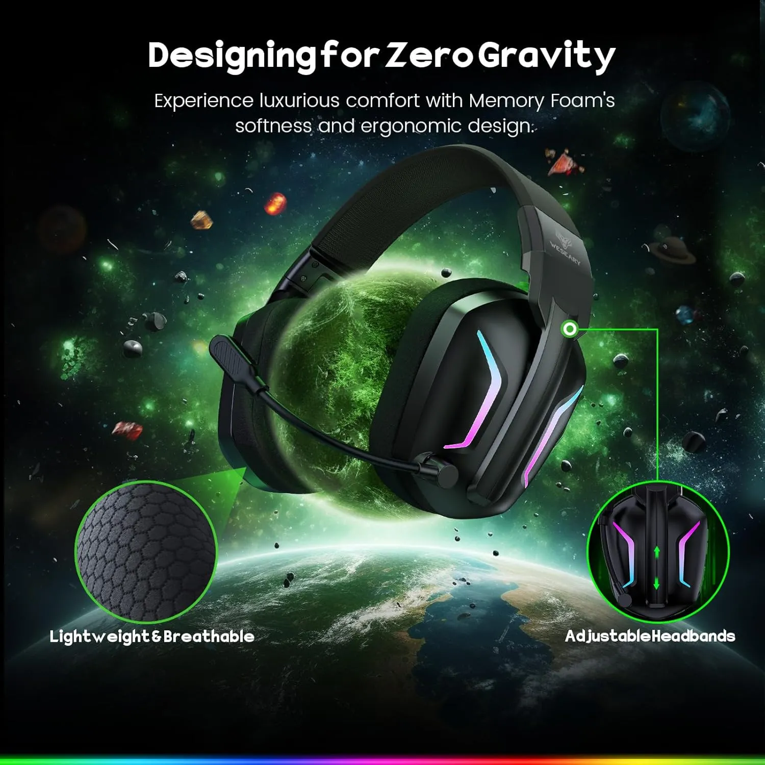 Wireless Gaming Headsets for PC, PS5, PS4, Switch, Mac, 2.4GHz Wireless Gaming Headphone with ENC Noise Canceling Microphone, Bluetooth 5.4, Cool Lighting, 50H Battery, 50mm Drivers
