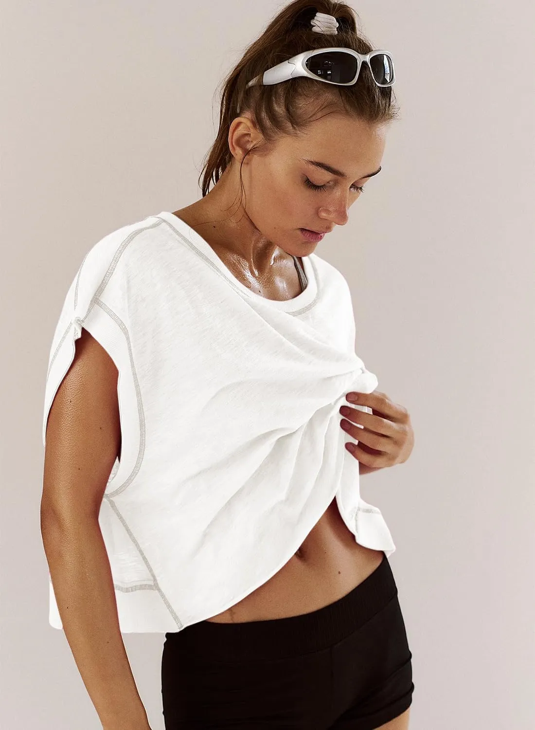 Women Short Sleeve Workout Shirts Open Back Tops Casual Yoga Y2k Athletic Gym Slouchy Crop Running Tees