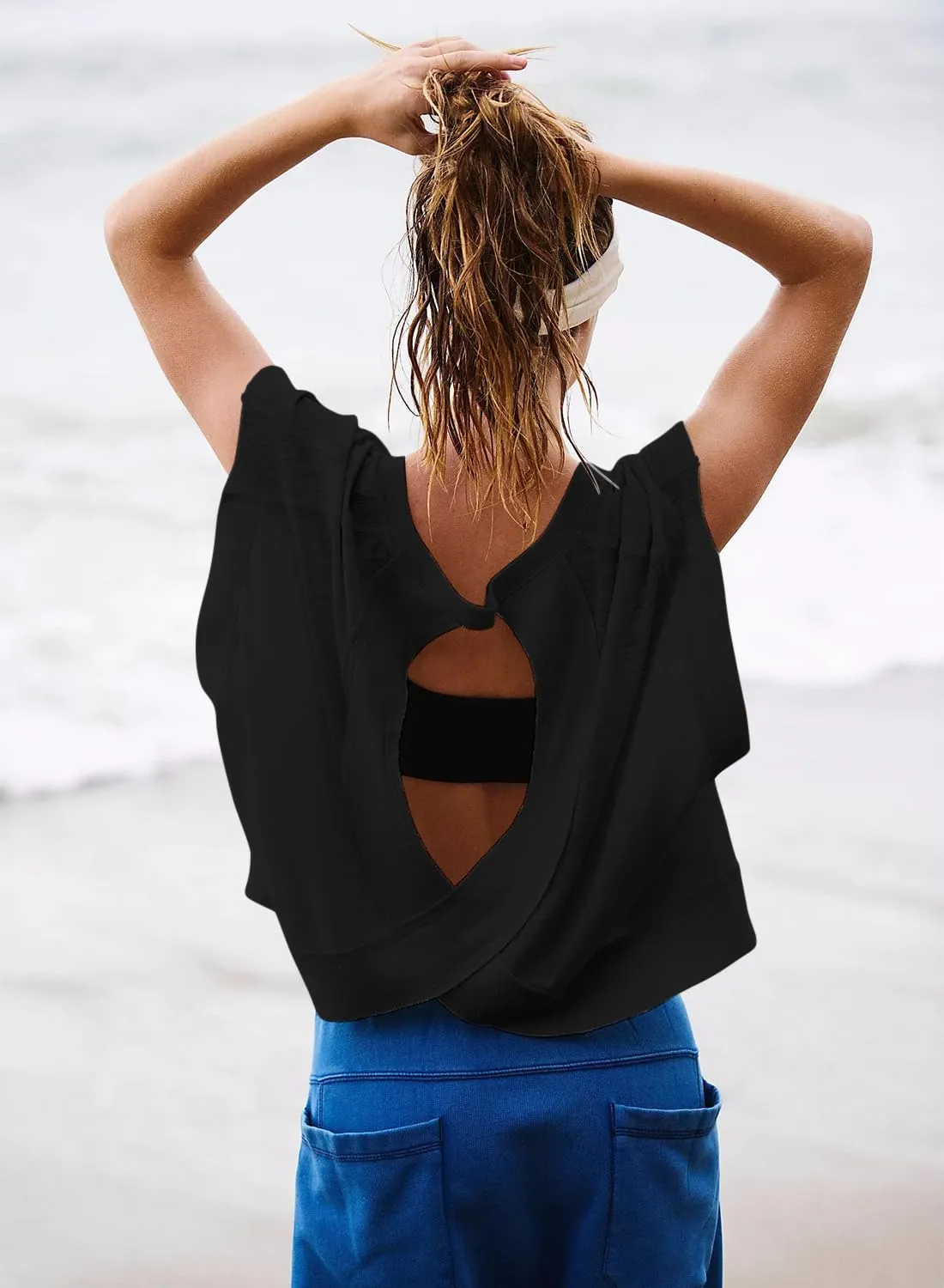 Women Short Sleeve Workout Shirts Open Back Tops Casual Yoga Y2k Athletic Gym Slouchy Crop Running Tees