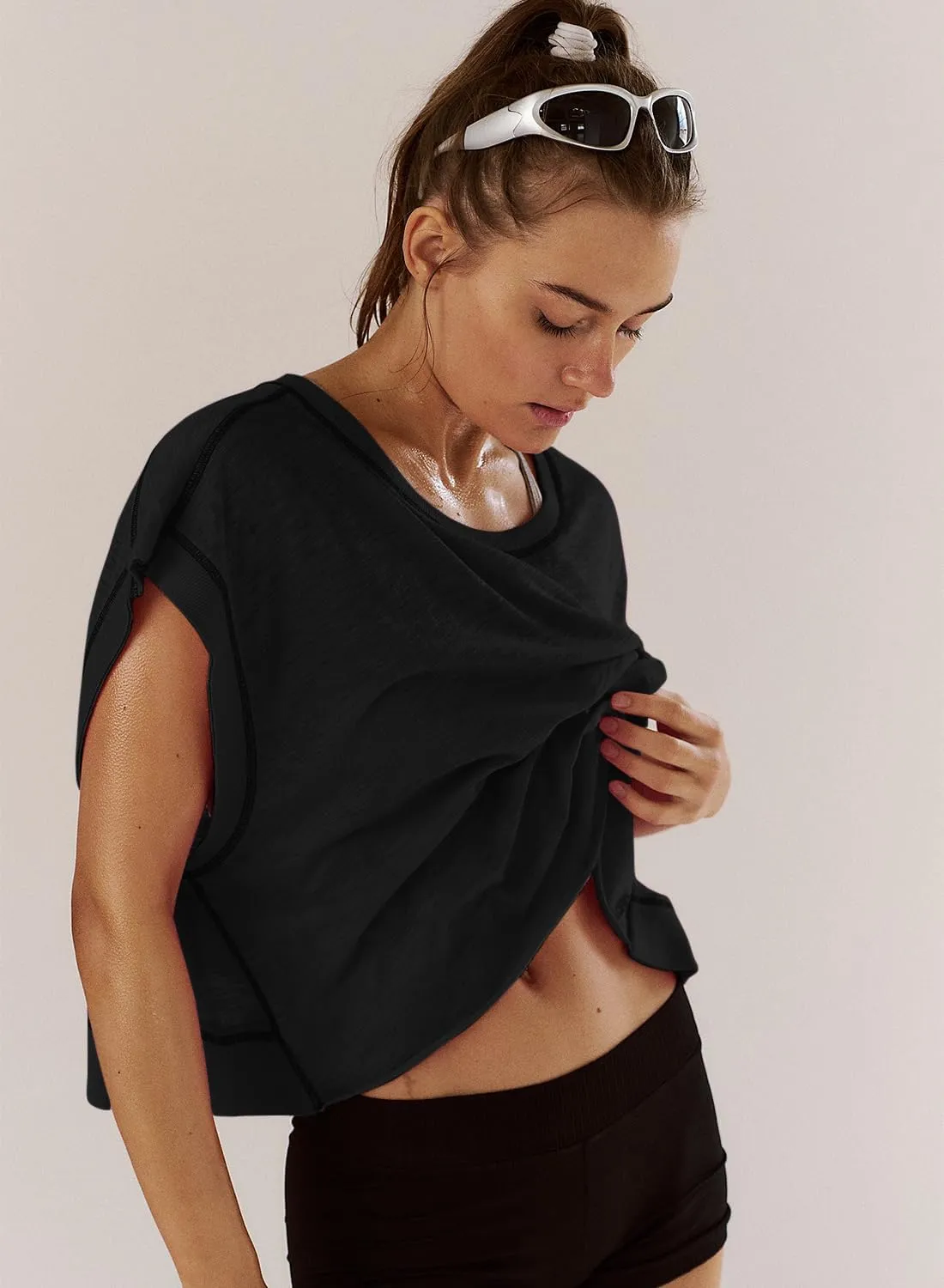 Women Short Sleeve Workout Shirts Open Back Tops Casual Yoga Y2k Athletic Gym Slouchy Crop Running Tees