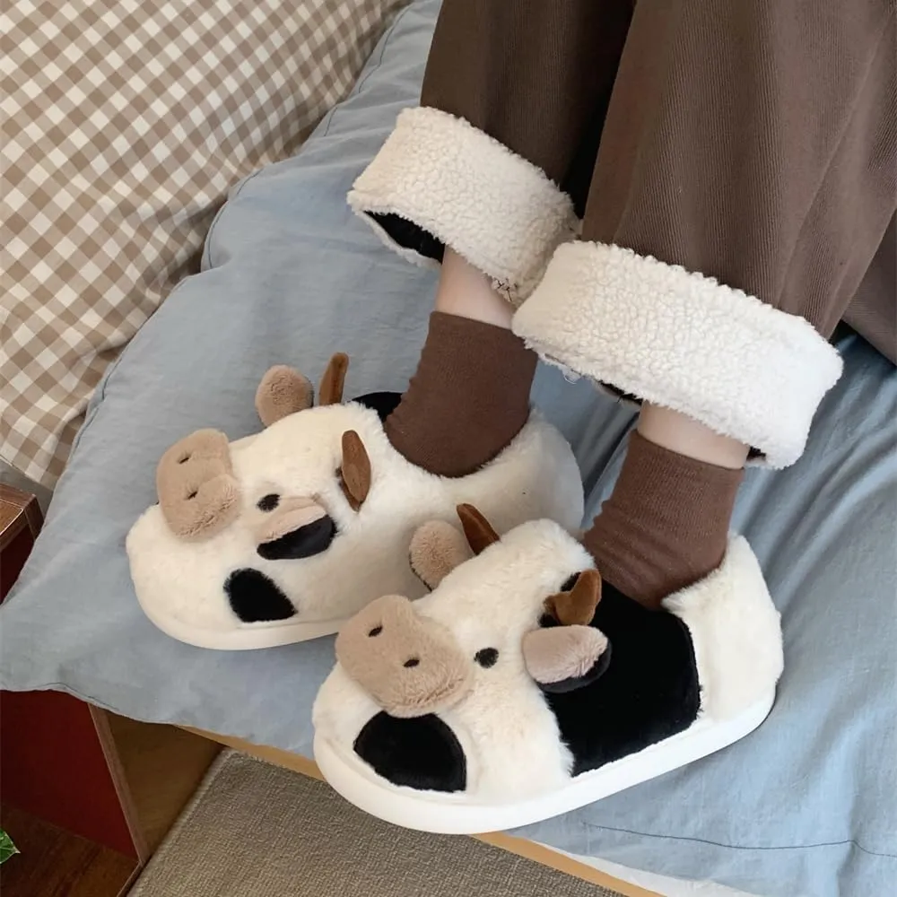 XIXITIAO Slippers For Women,Cow Slippers,Womens Fuzzy Slippers,Cute Animal Cartoon Fluffy Plush House Slippers For Women Men Indoor