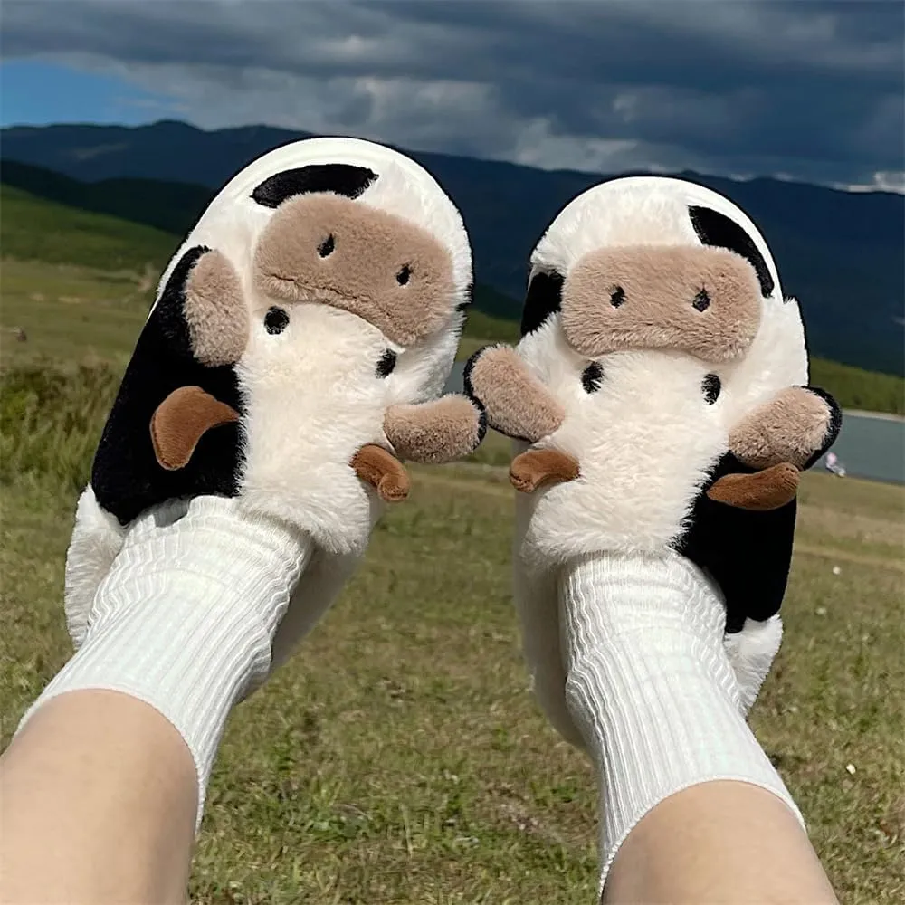 XIXITIAO Slippers For Women,Cow Slippers,Womens Fuzzy Slippers,Cute Animal Cartoon Fluffy Plush House Slippers For Women Men Indoor