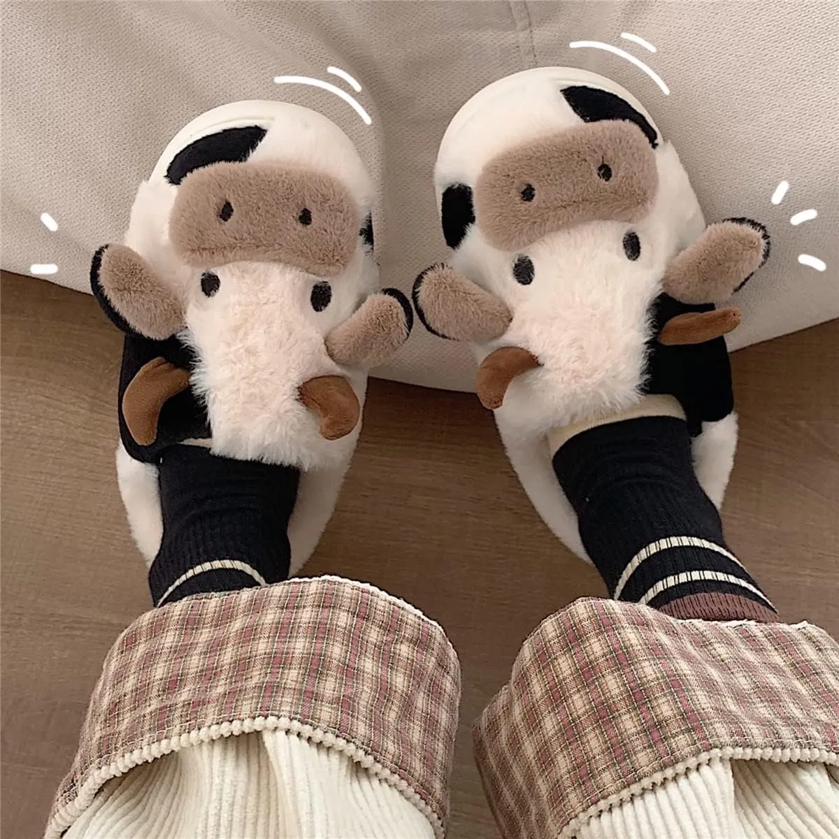 XIXITIAO Slippers For Women,Cow Slippers,Womens Fuzzy Slippers,Cute Animal Cartoon Fluffy Plush House Slippers For Women Men Indoor