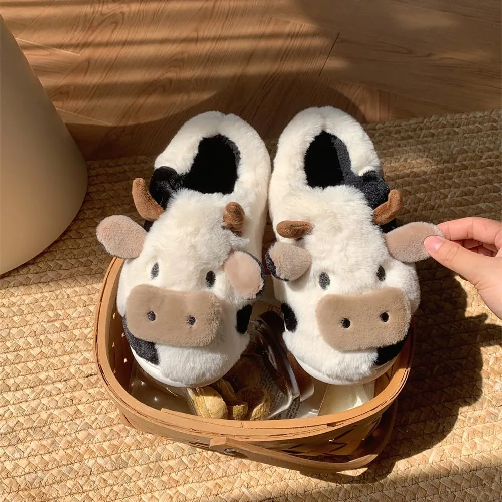 XIXITIAO Slippers For Women,Cow Slippers,Womens Fuzzy Slippers,Cute Animal Cartoon Fluffy Plush House Slippers For Women Men Indoor
